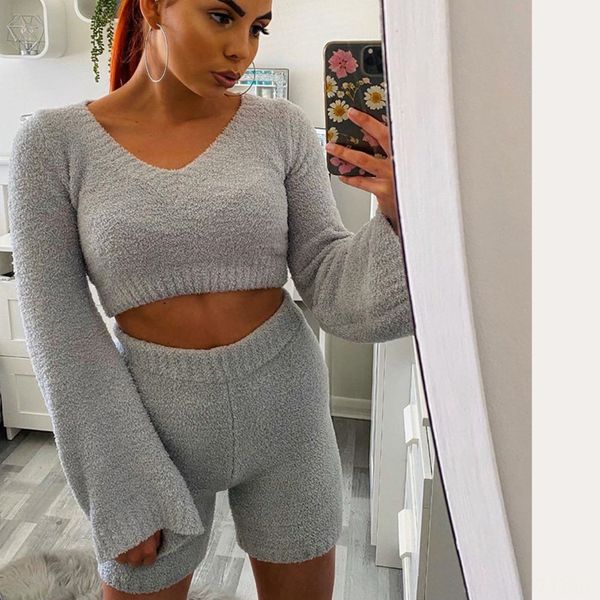 2020 summer new shorts sweater casual fashion plush v-neck open navel flared sleeve sweater and shorts two piece set for women lnttr, Gray
2020 summer new shorts sweater casual fashion plush v-neck open navel flared sleeve sweater and shorts two piece set for women lnttr, Gray