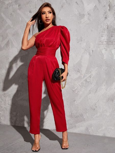 petite lantern sleeve high waist jumpsuit r06d#, White