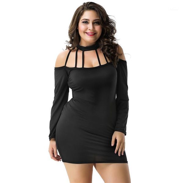 

plus size 5xl dress full sleeve sheath 2020 autumn dress casual black above knee black bodycon slim strappy halter r700761, Black;gray