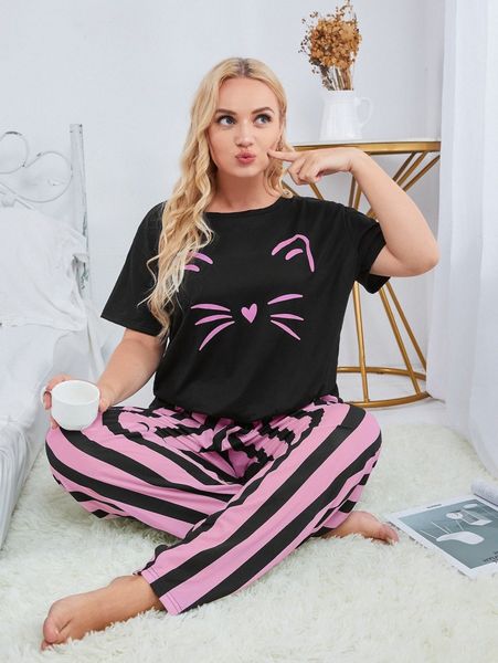 plus cartoon graphic tee & striped pants s8ni#, Black;white 
plus cartoon graphic tee & striped pants s8ni#, Black;white