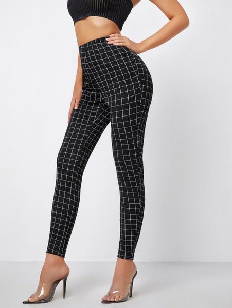 high waist grid skinny leggings y0i1#, Black