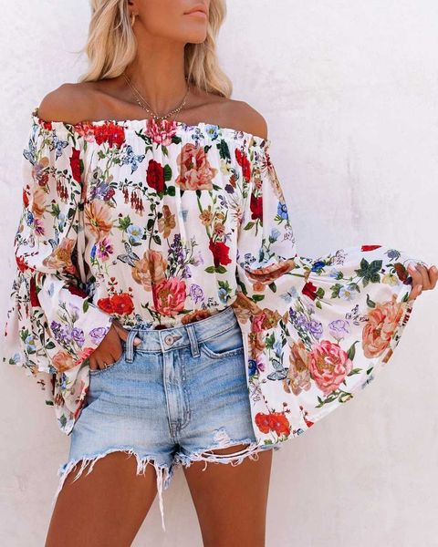 women floral slash neck tshirt elastic band flared sleeves loose tees ladies summer casual clothes, White
women floral slash neck tshirt elastic band flared sleeves loose tees ladies summer casual clothes, White