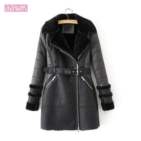 pu fur integrated warm long windproof chic women's jacket lapel thickened motorcycle belt black female coat 201028, Black;brown
pu fur integrated warm long windproof chic women's jacket lapel thickened motorcycle belt black female coat 201028, Black;brown
