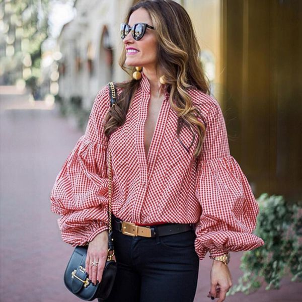 women's blouses & shirts women puff sleeve blouse 2021 fall single-breasted v-neck long loose casual shirt plaid female clothes, White
women's blouses & shirts women puff sleeve blouse 2021 fall single-breasted v-neck long loose casual shirt plaid female clothes, White
