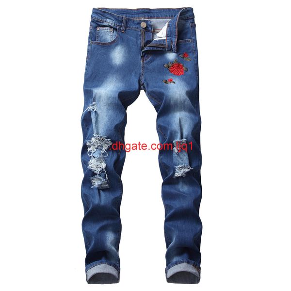 new men's hole slim embroidered blue jeans fashion men's elastic jeans pants
