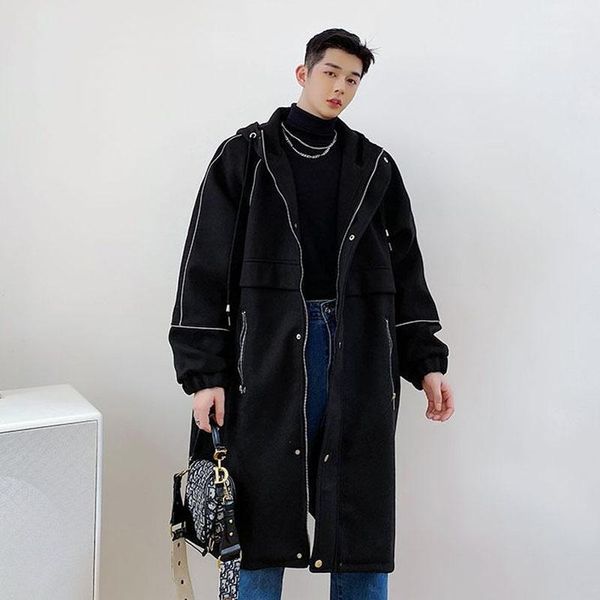 male streetwear hip hop vintage woolen jacket overcoat men reflective strip wool thick loose hooded long trench coat outerwear1, Black
male streetwear hip hop vintage woolen jacket overcoat men reflective strip wool thick loose hooded long trench coat outerwear1, Black