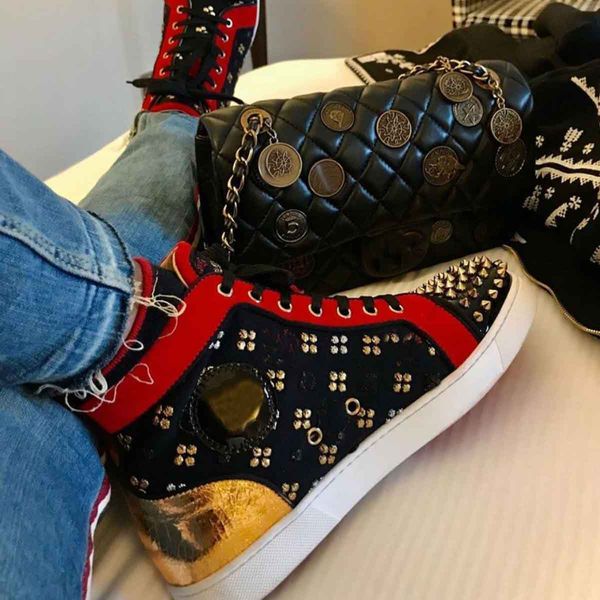 super quality men black embroidery genuine suede leather with spiked embroidery high red bottom sneakers casual shoes men trainers
super quality men black embroidery genuine suede leather with spiked embroidery high red bottom sneakers casual shoes men trainers