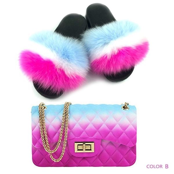 women high-end fox fur ladies shoes fluffy slippers colorful bags set y200624, Black
women high-end fox fur ladies shoes fluffy slippers colorful bags set y200624, Black