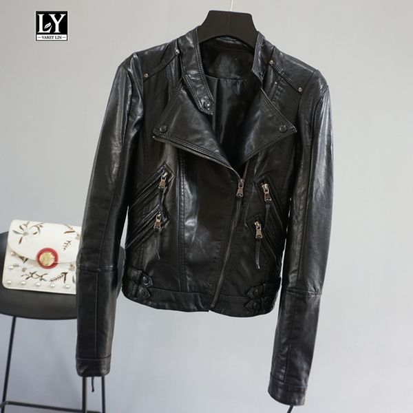 ly varey lin autumn leather jacket coat turn-down collar black faux soft leather short design slim motorcycle female outerwear 201030
ly varey lin autumn leather jacket coat turn-down collar black faux soft leather short design slim motorcycle female outerwear 201030
