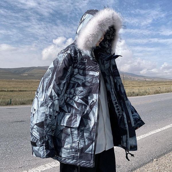 men's down & parkas 2021 winter large wool collar embroidered man korean streetwear coats woman warm printed hooded, Black
men's down & parkas 2021 winter large wool collar embroidered man korean streetwear coats woman warm printed hooded, Black