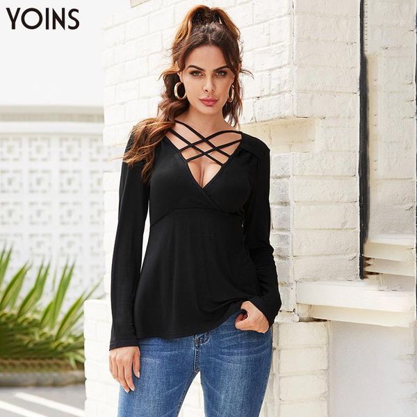 

yoins women criss crossed v-neck long sleeve blouse 2019 fashion female shirts autumn winter ladies blusas tunic black1, White