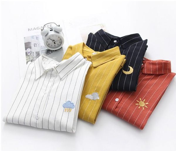 women's blouses & shirts women autumn long sleeve turn-down collar striped clouds embroidery cotton loose blouse casual, White
women's blouses & shirts women autumn long sleeve turn-down collar striped clouds embroidery cotton loose blouse casual, White
