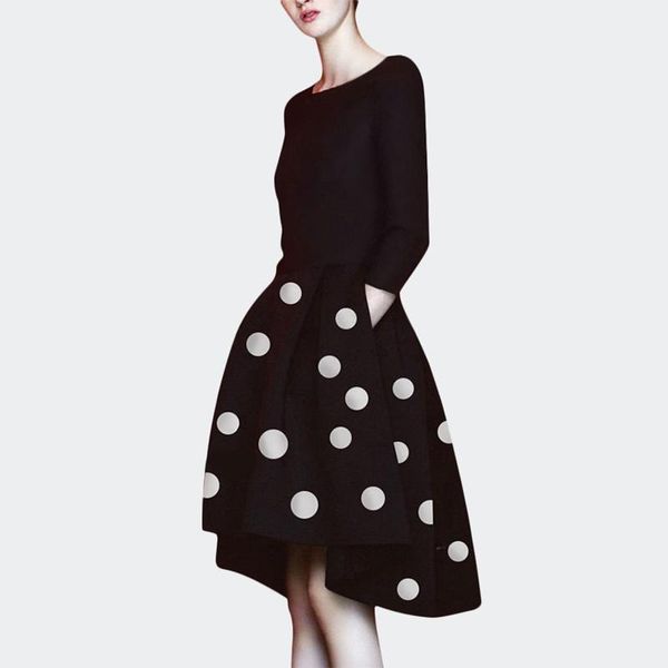 fashion women dress spring style 3/4 sleeves with pockets white dots s l xl 2xl high low ladies gown nw1041, Black;gray
fashion women dress spring style 3/4 sleeves with pockets white dots s l xl 2xl high low ladies gown nw1041, Black;gray