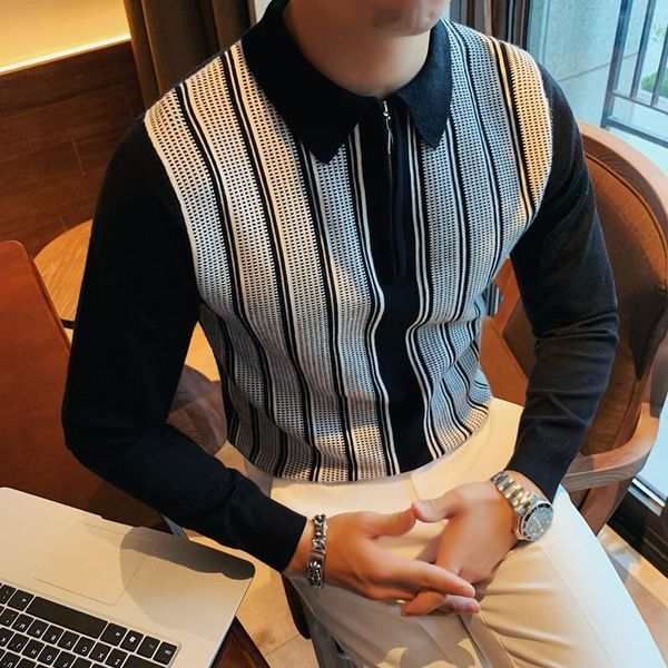 men's slim fit business casual stripe pullover knit sweater male vintage fashion zipper collar bottom sweater, White;black
men's slim fit business casual stripe pullover knit sweater male vintage fashion zipper collar bottom sweater, White;black