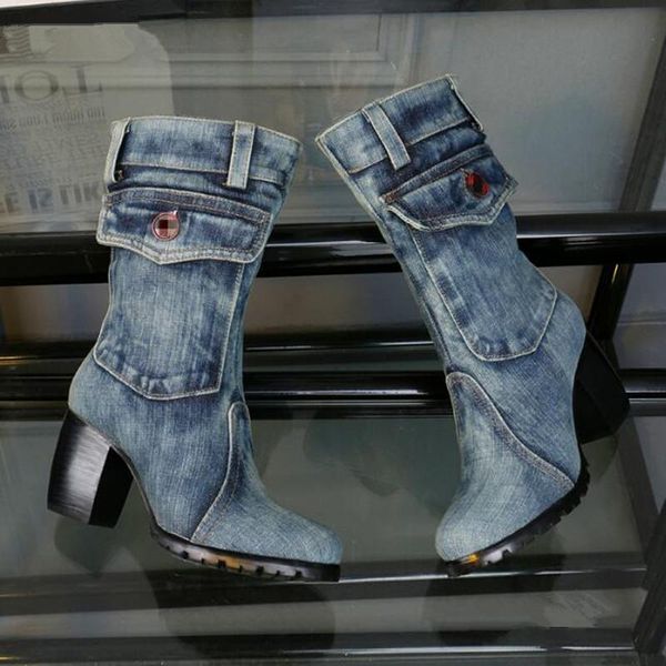 boots stylish blue denim women shoes cowboy pocket design knee high square heel short plush heels botas mujer, Black
boots stylish blue denim women shoes cowboy pocket design knee high square heel short plush heels botas mujer, Black