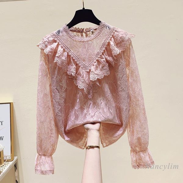 elegant lace blouse women 2021 spring new ruffle shirt long sleeve stand collar female all-match blusas white black pink
elegant lace blouse women 2021 spring new ruffle shirt long sleeve stand collar female all-match blusas white black pink