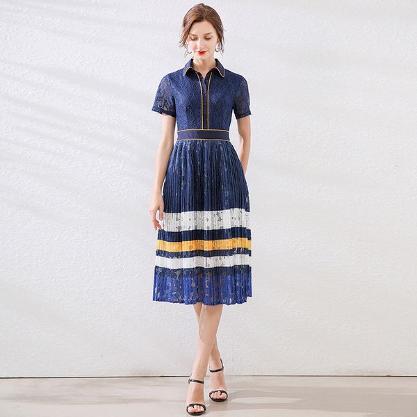 s l xl xxl new summer 2020 women lace dress short sleeve blue striped mid calf pleated slim office elegant lady, Black;gray
s l xl xxl new summer 2020 women lace dress short sleeve blue striped mid calf pleated slim office elegant lady, Black;gray