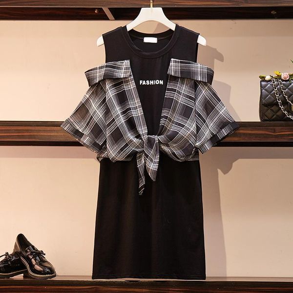 summer patchwork t shirt dress women korean off shoulder plaid dress streetwear plus size fake two piece beach dress, Black;gray
summer patchwork t shirt dress women korean off shoulder plaid dress streetwear plus size fake two piece beach dress, Black;gray
