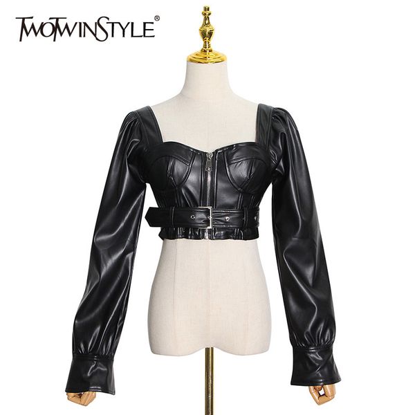 twotwinstyle party pu leather short jacket for women square collar long sleeve backless high waist coat female fashion new 201028, Black;brown
twotwinstyle party pu leather short jacket for women square collar long sleeve backless high waist coat female fashion new 201028, Black;brown