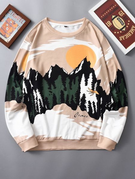 men landscape print sweatshirt o5s1#, Black