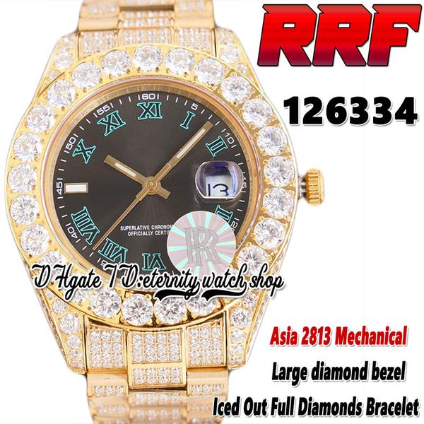 2022 rrf 126334 126333 2813 automatic mechanical mens watch 126331 large diamonds bezel roman dial fully iced out diamond gold 316l steel br, Slivery;brown
2022 rrf 126334 126333 2813 automatic mechanical mens watch 126331 large diamonds bezel roman dial fully iced out diamond gold 316l steel br, Slivery;brown