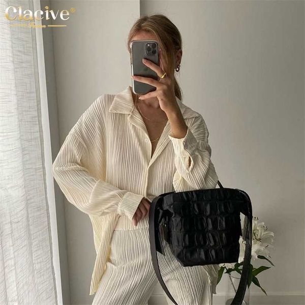 clacive causal loose home suit autumn long sleeve blouse with high wasit pants set women elegant pleated beige 2 piece pant sets 211221, White 
clacive causal loose home suit autumn long sleeve blouse with high wasit pants set women elegant pleated beige 2 piece pant sets 211221, White