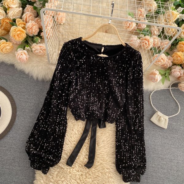2021 new chic design sequins women's blouse fashion neck puff autumn no back short sweaters lwiw, White
2021 new chic design sequins women's blouse fashion neck puff autumn no back short sweaters lwiw, White