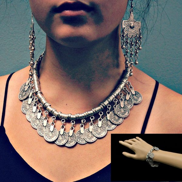 gypsy/turkish vintage color metal jewelry sets for women girls coin tassel link chains necklace earrings bracelet ethnic india, Silver
gypsy/turkish vintage color metal jewelry sets for women girls coin tassel link chains necklace earrings bracelet ethnic india, Silver