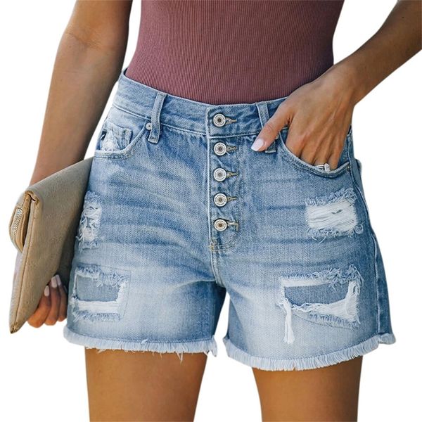 women's high stretch denim shorts, Blue