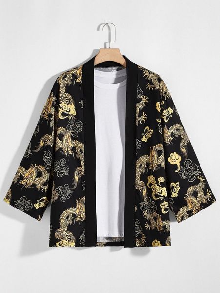 men chinese dragon print kimono 70fw#, White;black