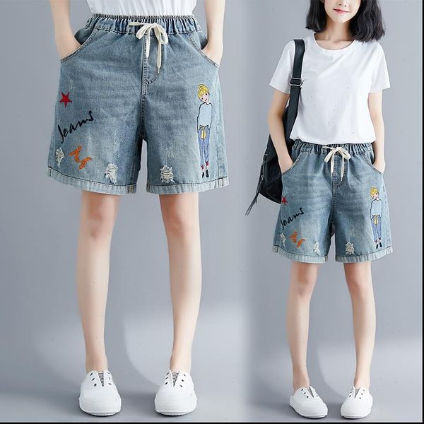 women summer fashion korea style vintage elastic waist cartoon printed embroidery wide leg office lady casual loose denim short, White;black
women summer fashion korea style vintage elastic waist cartoon printed embroidery wide leg office lady casual loose denim short, White;black