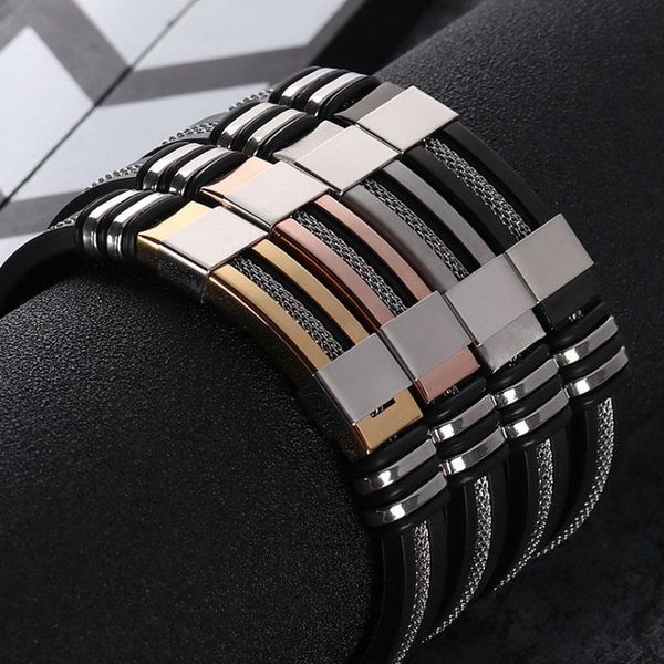 charm bracelets men's stainless steel wrist bracelet black grooved rudder silicone mesh link punk insert stylish casual, Golden;silver
charm bracelets men's stainless steel wrist bracelet black grooved rudder silicone mesh link punk insert stylish casual, Golden;silver
