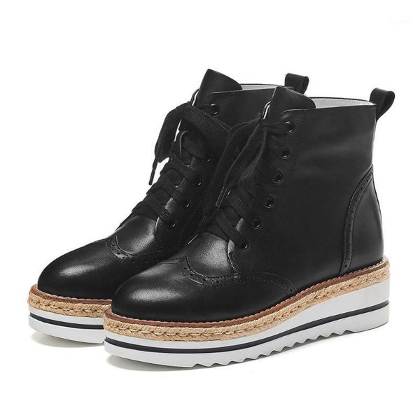 women's real leather lace-up platform flats ankle boots thick sole leisure punk short boots carving british shoes1, Black
women's real leather lace-up platform flats ankle boots thick sole leisure punk short boots carving british shoes1, Black