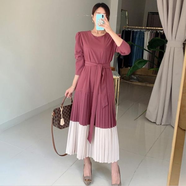 superaen autumn new french color matching pleated o neck full belt dresses women, Black;gray
superaen autumn new french color matching pleated o neck full belt dresses women, Black;gray