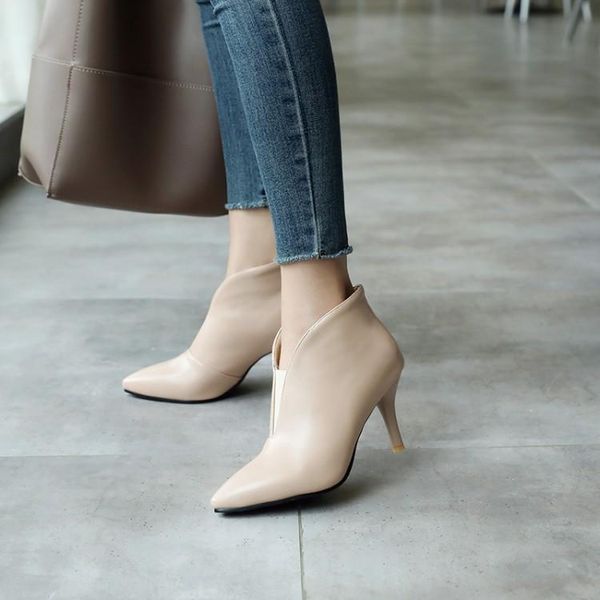 big size ma'am fine heel short boots pure color pointed boot barrel high heel boots, Black
big size ma'am fine heel short boots pure color pointed boot barrel high heel boots, Black