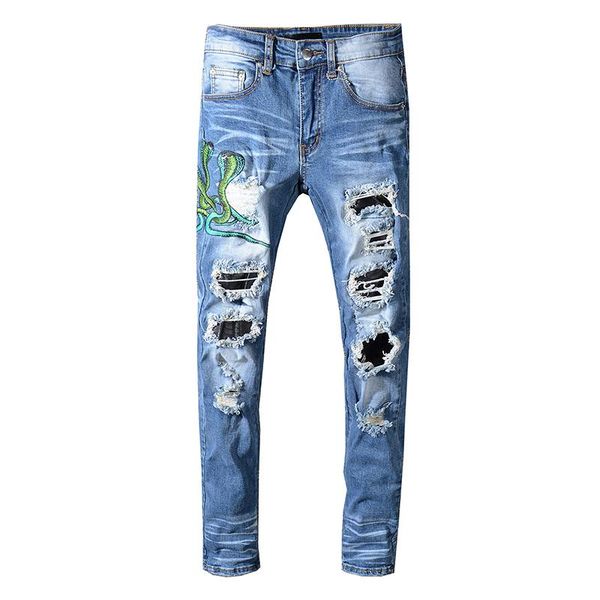 moruancle men's blue snake embroidery skinny jeans streetwear pu leather patchwork holes ripped stretch denim pants
moruancle men's blue snake embroidery skinny jeans streetwear pu leather patchwork holes ripped stretch denim pants
