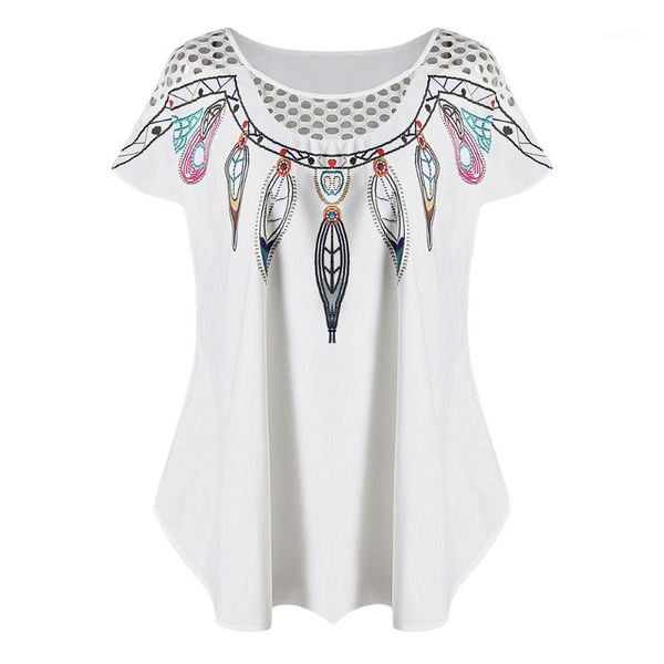 

wipalo plus size hollow out feather print summer women long oversize tee fashion panel scoop neck short sleeve t shirt1, White