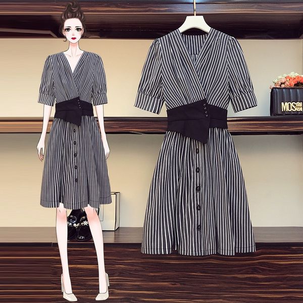 summer big new fat mm style french v-neck with stripe stitching and waist closing shows thin skirt trend dress dress vzdhc, Black;gray
summer big new fat mm style french v-neck with stripe stitching and waist closing shows thin skirt trend dress dress vzdhc, Black;gray