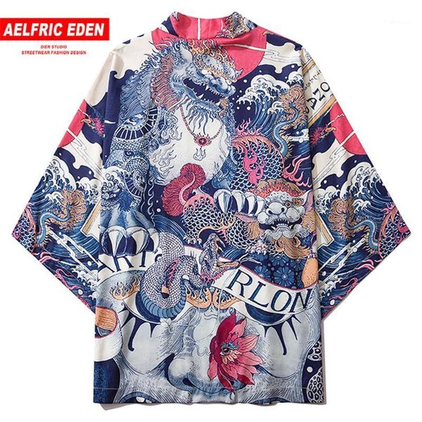 aelfric eden fashion japanese print shirts harajuku 2020 summer hip hop men front open coats loose streetwear kimono jacket1, Black;brown