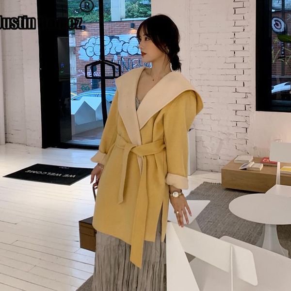 women's wool & blends coming double-sided loose cashmere coat with hood elegant winter women coats belt 2021 solid color outwear, Black
women's wool & blends coming double-sided loose cashmere coat with hood elegant winter women coats belt 2021 solid color outwear, Black