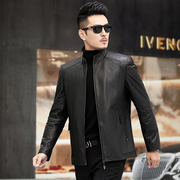 men's leather & faux haining cattle coat down jacket short stand collar thickened warm and slim, Black
men's leather & faux haining cattle coat down jacket short stand collar thickened warm and slim, Black