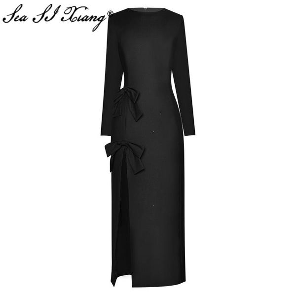 seasixiang fashion designer spring dress women's long sleeve bow o-neck slim split long party dresses, Black;gray
seasixiang fashion designer spring dress women's long sleeve bow o-neck slim split long party dresses, Black;gray