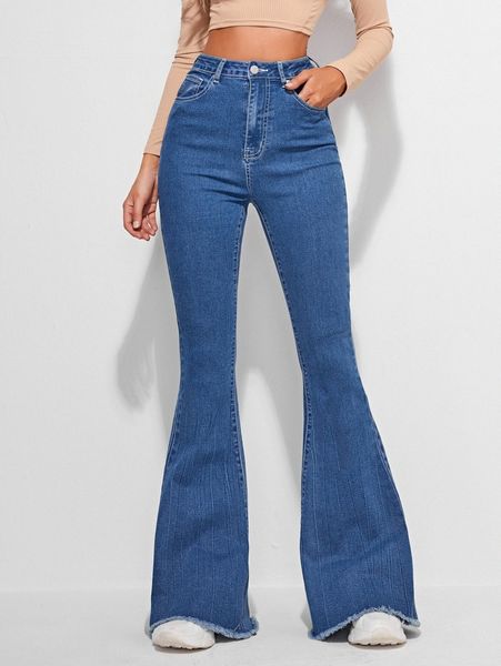 high waist slant pocket raw hem flare leg jeans v7pw#, Blue
high waist slant pocket raw hem flare leg jeans v7pw#, Blue