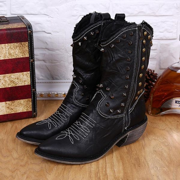 christia bella winter new fashion rivet embroidery men long boots genuine leather men's zipper cowboy boots heighten male, Black
christia bella winter new fashion rivet embroidery men long boots genuine leather men's zipper cowboy boots heighten male, Black