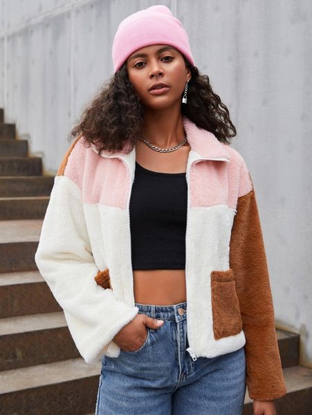 cut and sew zip up drop shoulder teddy jacket n7yi#, Black;brown