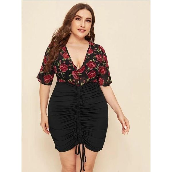 womens summer lightweight short sleeve bodycons pleated hem v neck wrap dress floral printing plus size short dresses, Black;gray
womens summer lightweight short sleeve bodycons pleated hem v neck wrap dress floral printing plus size short dresses, Black;gray