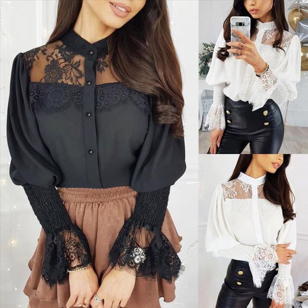 women blouse hollow out solid long sleeve stand collar lace shirt ladies see through fashion g35, White
women blouse hollow out solid long sleeve stand collar lace shirt ladies see through fashion g35, White