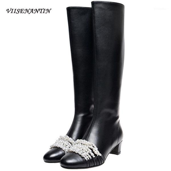 pearl autumn/winter genuine leather thick mid heel high tube knee-lengt knight boots women black crystal slip-on punk shoes1
pearl autumn/winter genuine leather thick mid heel high tube knee-lengt knight boots women black crystal slip-on punk shoes1