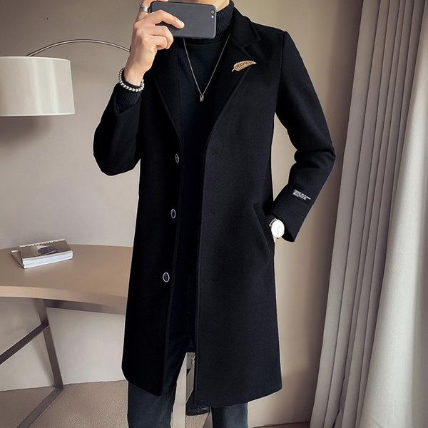 men's casual medium long woolen coat in autumn, Black 
men's casual medium long woolen coat in autumn, Black