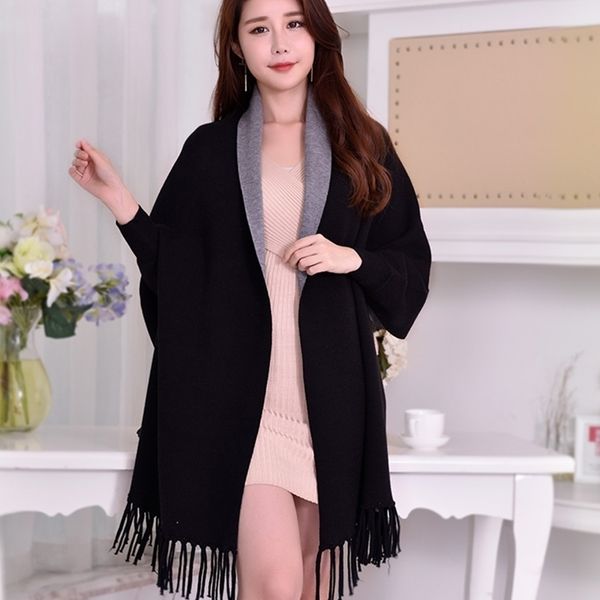winter reversible black sleeve poncho for women warm scarf stoles thicken pashmina shawls and wraps tassel wearable poncho capes y201024, Blue;gray
winter reversible black sleeve poncho for women warm scarf stoles thicken pashmina shawls and wraps tassel wearable poncho capes y201024, Blue;gray